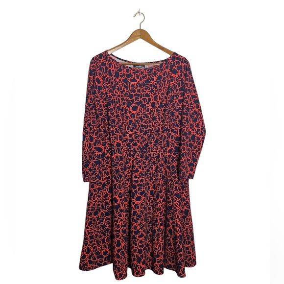 eShakti Custom Navy Blue Red Geometric Circle Print Fit and Flare Dress - Picture 1 of 7